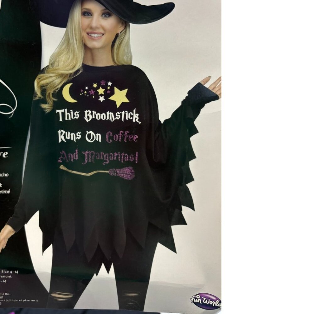 Witch Poncho Halloween Black OS "THIS BROOMSTICK RUNS ON COFFEE & MARGARITAS"